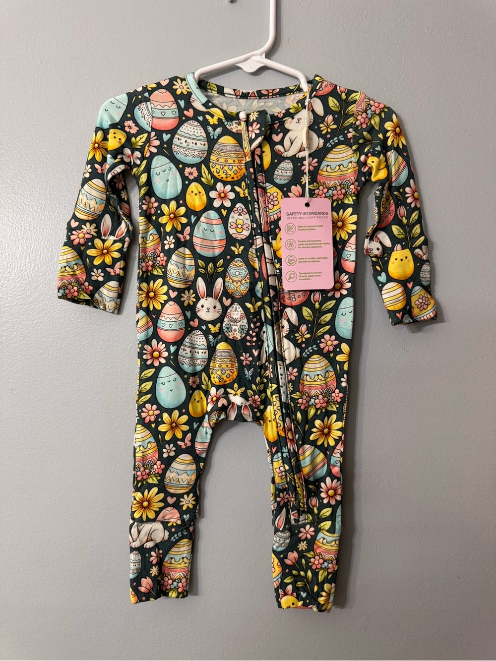 Baby One-Piece Bamboo Zipper Romper - Easter Egg & Floral Print (Black)